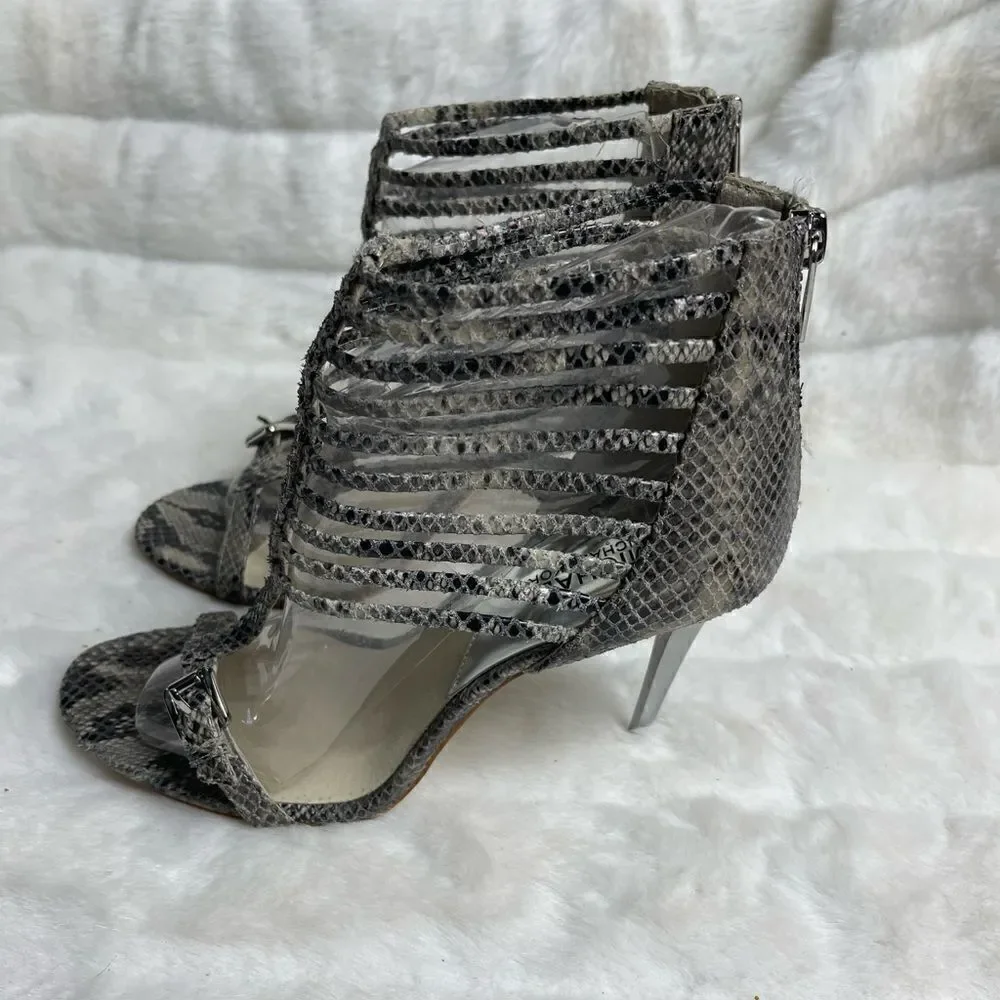 Michael Kors leather snake skin print beige and gray cage T Straps heels size9M